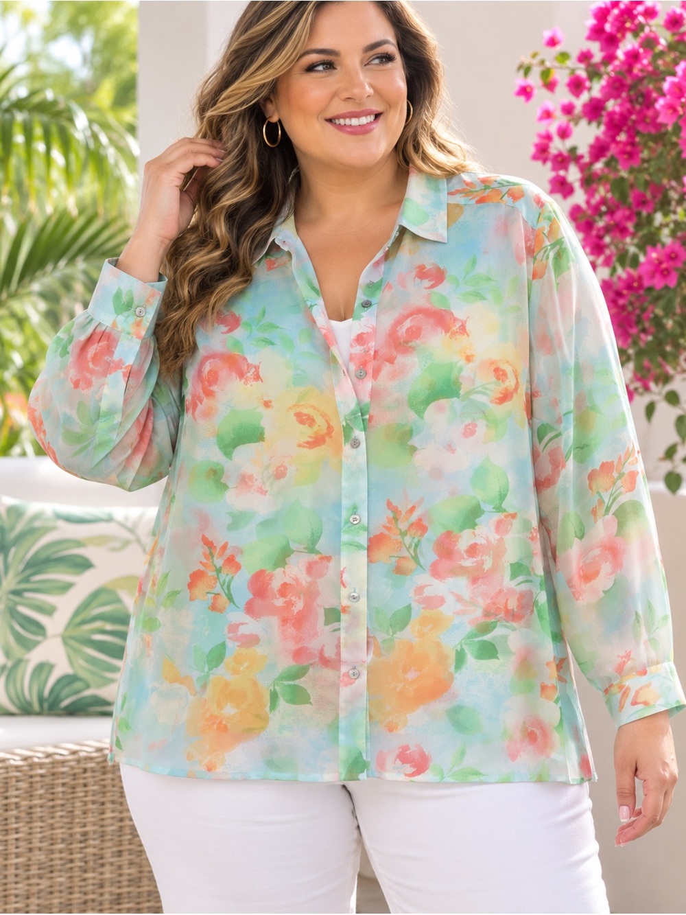 J.Jill 2X Watercolor Floral Sheer Chiffon Button Down Blouse Pastel Cottagecore